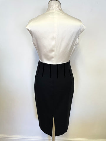 LK BENNETT IVORY & BLACK SILK & WOOL SLEEVELESS PENCIL DRESS SIZE 12