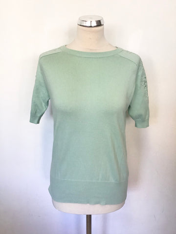 KAREN MILLEN MINT GREEN LACE TRIM SHORT SLEEVE JUMPER SIZE 4 UK 14