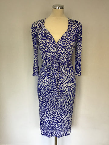 SALONI BLUE & WHITE PRINT TIE FRONT 3/4 SLEEVE DRESS SIZE 10