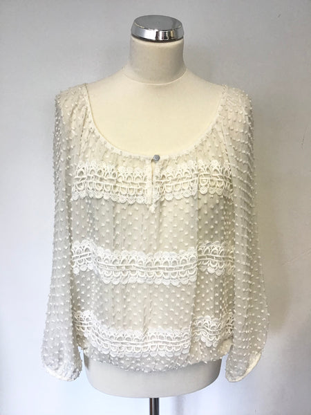 MINT VELVET IVORY SILK & COTTON CROCHET LACE 3/4 SLEEVE TOP SIZE 14