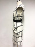 KAREN MILLEN WHITE,BLACK & GREY PEPLUM TRIM BELTED PENCIL DRESS SIZE 12