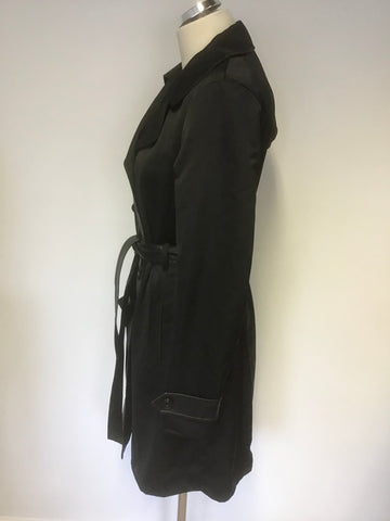 KAREN MILLEN BLACK FAUX LEATHER TRIM TRENCH COAT/ MAC SIZE 12