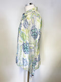 SIGRID OLSEN BLUE,WHITE,LILAC & GREEN FLORAL PRINT 100% SILK LONG SLEEVED SHIRT SIZE M