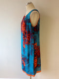 DAMSEL IN A DRESS TURQOUISE & ORANGE PRINT SILK SHIFT DRESS SIZE 14