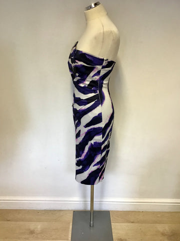 KAREN MILLEN PURPLE,WHITE & NAVY PRINT STRAPLESS DRESS SIZE 12