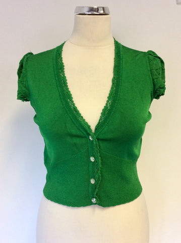 KAREN MILLEN GREEN CROCHET TRIM CAP SLEEVE CROP CARDIGAN SIZE 3 UP 12