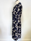 LK BENNETT NAVY BLUE & IVORY FLORAL PRINT LINEN & SILK SPRING/ SUMMER COAT SIZE 8