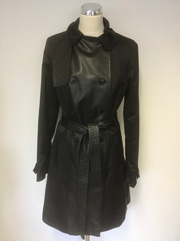 KAREN MILLEN BLACK FAUX LEATHER TRIM TRENCH COAT/ MAC SIZE 12