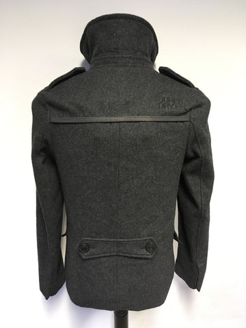 SUPERDRY NAVY LABEL DARK GREY WOOL BLEND CLASSIC P COAT SIZE S