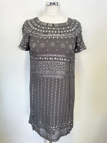 WHISTLES GREY BEADED & SEQUINNED SHORT SLEEVED SHIFT DRESS SIZE 8