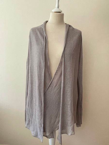 SENAS GREY LINEN DUAL LAYER DRAPED FRONT LONG LINE CARDIGAN SIZE L