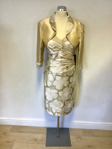 BRAND NEW MASCARA PALE GOLD & IVORY FLORAL PRINT PENCIL DRESS & BOLERO JACKET SIZE 18