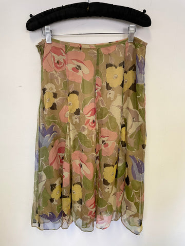 LK BENNETT MULTI COLOURED FLORAL PRINT SILK FLOATY SKIRT SIZE 12