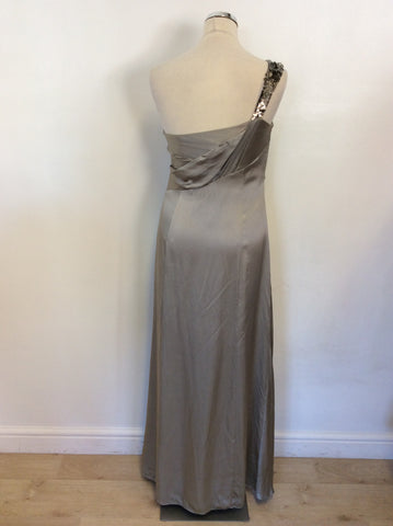 MONSOON SILVER SILK ONE SHOULDER SEQUIN TRIM LONG EVENING DRESS SIZE 12