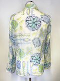 SIGRID OLSEN BLUE,WHITE,LILAC & GREEN FLORAL PRINT 100% SILK LONG SLEEVED SHIRT SIZE M