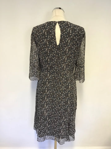 LK BENNETT BLACK,GREEN & WHITE FLORAL PRINT SILK TEA DRESS SIZE 12