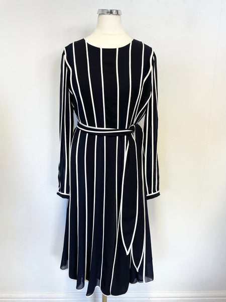 BRAND NEW HOBBS NAVY BLUE & WHITE STRIPE TRIM BELTED LONG SLEEVE DRESS SIZE 12