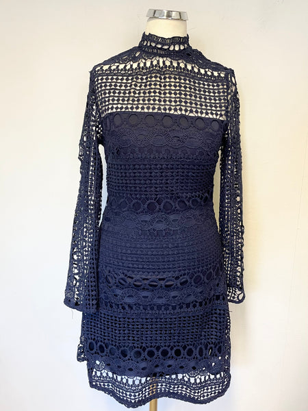 PARISIAN NAVY BLUE LACE HIGH NECK LONG SLEEVE A LINE DRESS SIZE 8