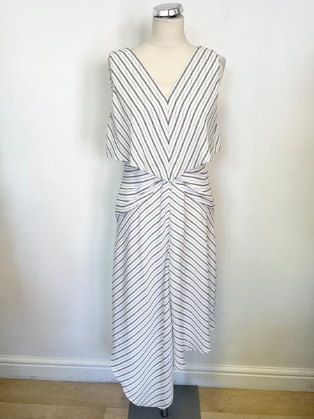 REISS RHONI IVORY & FINE BLACK STRIPE FIT & FLARE ASYMMETRIC HEM DRESS SIZE 12