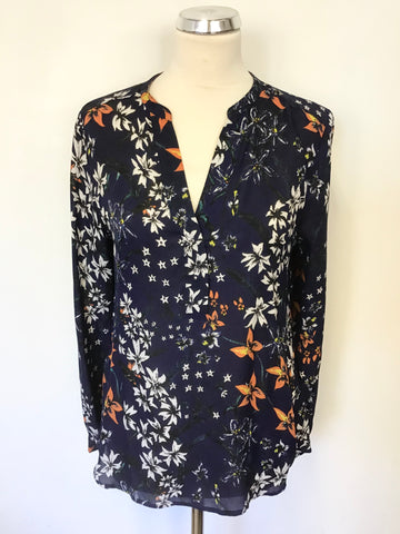 WHISTLES NAVY BLUE,ORANGE & WHITE FORAL PRINT SILK BLOUSE SIZE 12