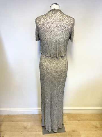 HOBBS SILVER GREY BEADED & SEQUINNED LONG HALTERNECK DRESS & MATCHING BOLERO SIZE 12