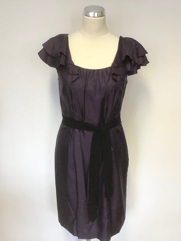 COAST PURPLE SILK FRILL CAP SLEEVE TIE WAIST SPECIAL OCCASION DRESS SIZE 12