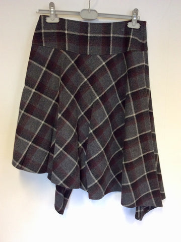 HOBBS GREY,BURGUNDY & BLACK CHECK ASYMETRIC HEM WOOL SKIRT SIZE 12