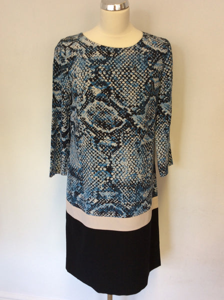 LK BENNETT PRAGUE BLUE & BLACK SNAKESKIN PRINT SILK SHIFT DRESS SIZE 10o