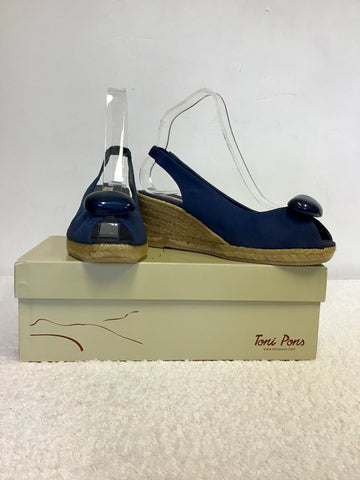 BRAND NEW TONI PONS BLUE LEATHER WEDGE HEEL SANDALS SIZE 4/37