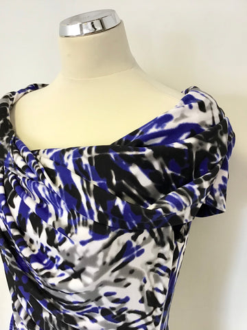 PIED A TERRE BLUE,BLACK,WHITE & GREY PRINT STRETCH PENCIL DRESS SIZE 16