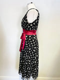 HOBBS BLACK & IVORY SPOT & RED SASH BELT SLEEVELESS SILK FIT & FLARE DRESS SIZE 12