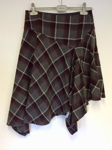 HOBBS GREY,BURGUNDY & BLACK CHECK ASYMETRIC HEM WOOL SKIRT SIZE 12