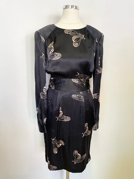 WHISTLES BLACK & PALE GOLD FLY PRINT SILK LONG SLEEVE TEA DRESS SIZE 8