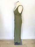 JIGSAW OLIVE GREEN SILK SLEEVELESS FRILL TRIM BIAS CUT DRESS SIZE 16