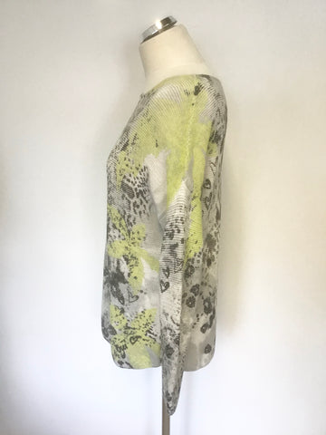 OUI PALE GREY, LIME GREEN & BLACK PRINT LONG SLEEVE JUMPER SIZE 12