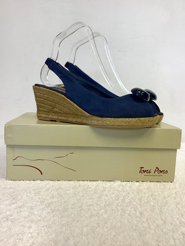 BRAND NEW TONI PONS BLUE LEATHER WEDGE HEEL SANDALS SIZE 4/37