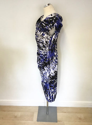 PIED A TERRE BLUE,BLACK,WHITE & GREY PRINT STRETCH PENCIL DRESS SIZE 16