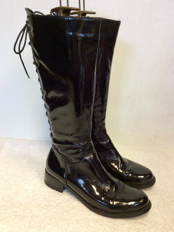 MODA IN PELLE BLACK PATENT LACE UP BACK BOOTS SIZE 5/38