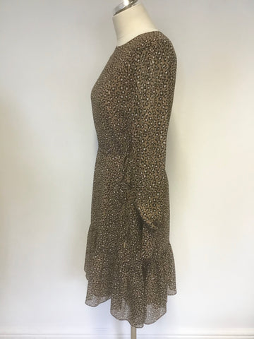 LK BENNETT DAKOTA BROWN ANIMAL PRINT LONG SLEEVE CHIFFON DRESS SIZE 14