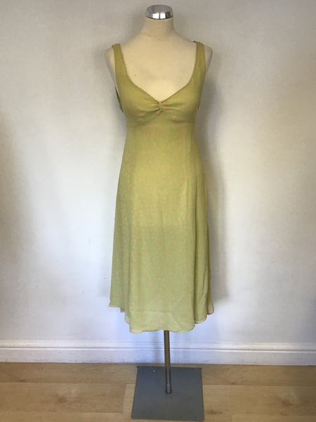 LK BENNETT LIME GREEN & PINK SPOT SILK OCCASION DRESS SIZE 12