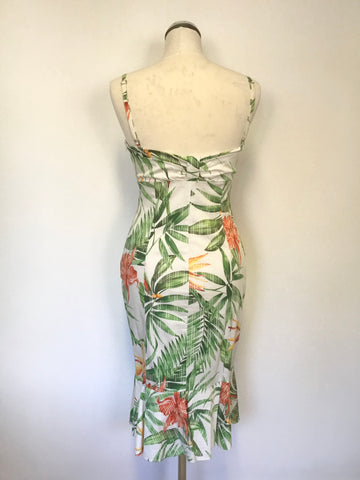 KAREN MILLEN WHITE, ORANGE & GREEN TROPICAL PRINT STRAPPY PENCIL DRESS SIZE 10/12