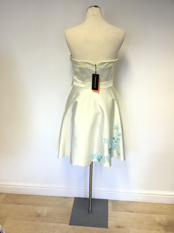 BRAND NEW KAREN MILLEN IVORY & TURQUOISE EMBROIDERED SPECIAL OCCASION DRESS SIZE 12