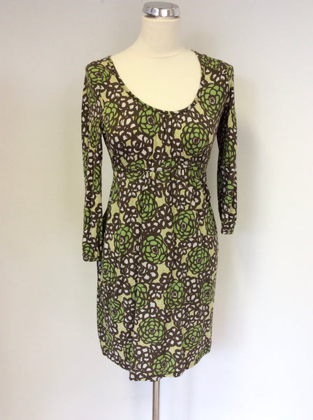 BODEN GREEN,BROWN & WHITE FLOWER PRINT SILK & COTTON 3/4 SLEEVE DRESS SIZE 10