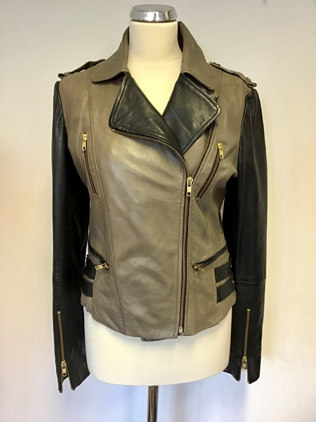 OUI BLACK & BROWN SOFT LEATHER ZIP UP BIKER JACKET SIZE 14