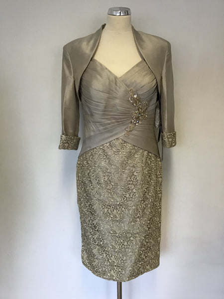 BRAND NEW MASCARA PALE GOLD & LACE PENCIL DRESS & BOLERO JACKET SIZE 12