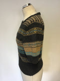 HOBBS NW3 DARK GREY,FAWN & TURQUOISE WOOL BLEND SHORT SLEEVE JUMPER SOZE 12