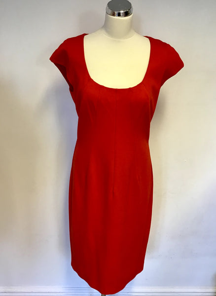 LK BENNETT RED SCOOP NECK CAP SLEEVE PENCIL DRESS SIZE 14