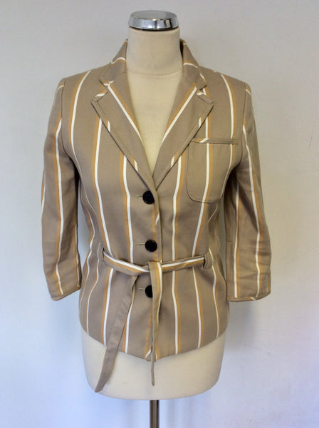 MULBERRY FAWN,MUSTARD & WHITE STRIPE TIE BELT COTTON BLEND JACKET SIZE 10