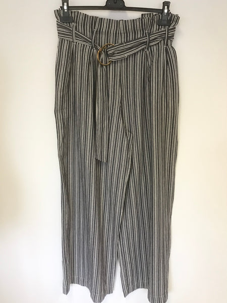 JEALOUS TOMATO GREY STRIPE HIGH PLEATED WAIST WITH BELT WIDE LEG TROUSERS SIZE L