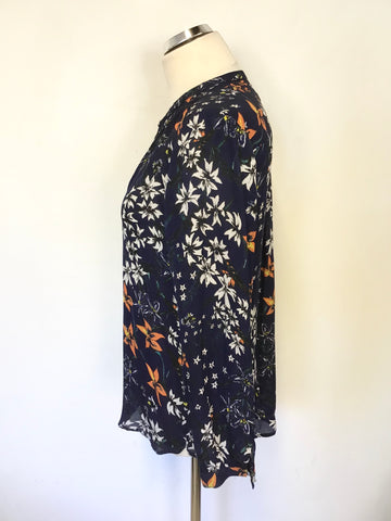 WHISTLES NAVY BLUE,ORANGE & WHITE FORAL PRINT SILK BLOUSE SIZE 12